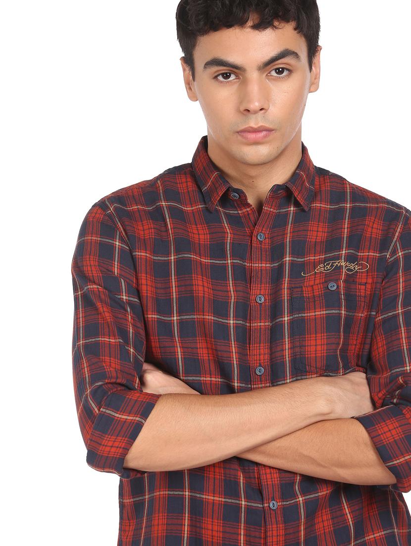 orange checkered casual shirt - 18332128 - Standard Image - 1