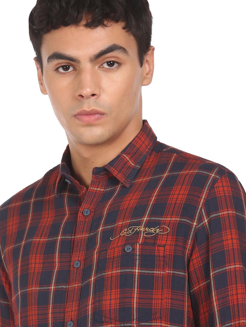 orange checkered casual shirt - 18332128 - Standard Image - 4