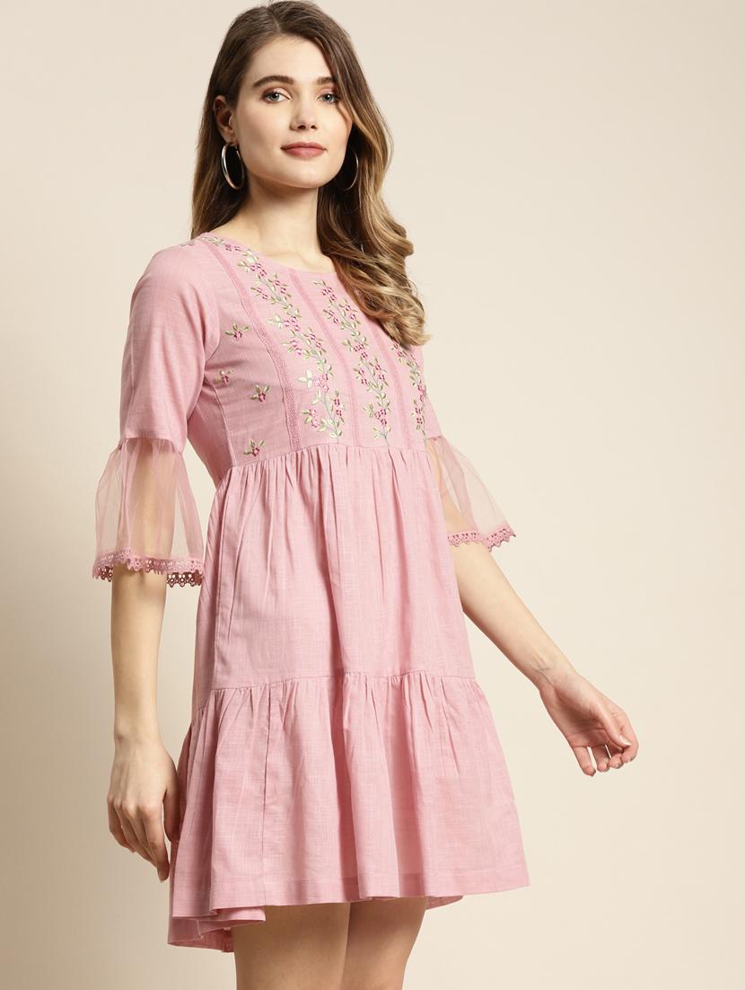 pink cotton tiered ethnic dress