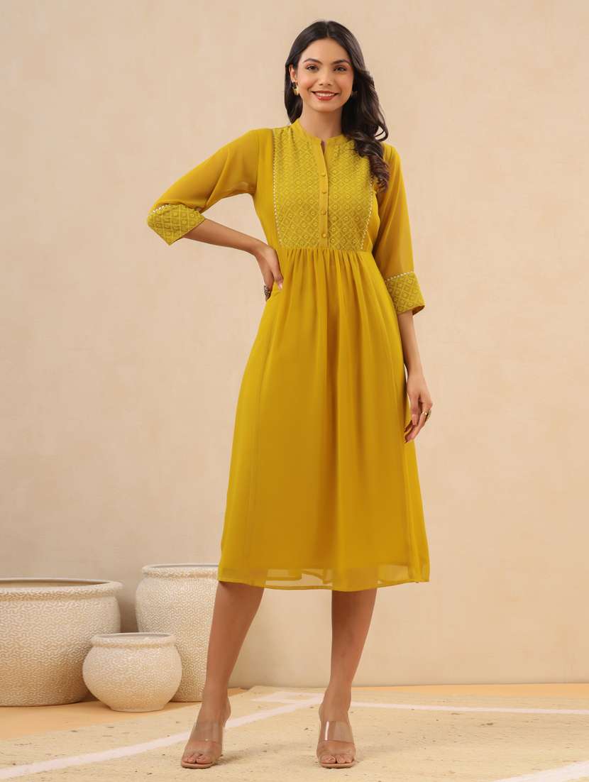 mustard georgette a-line ethnic dress
