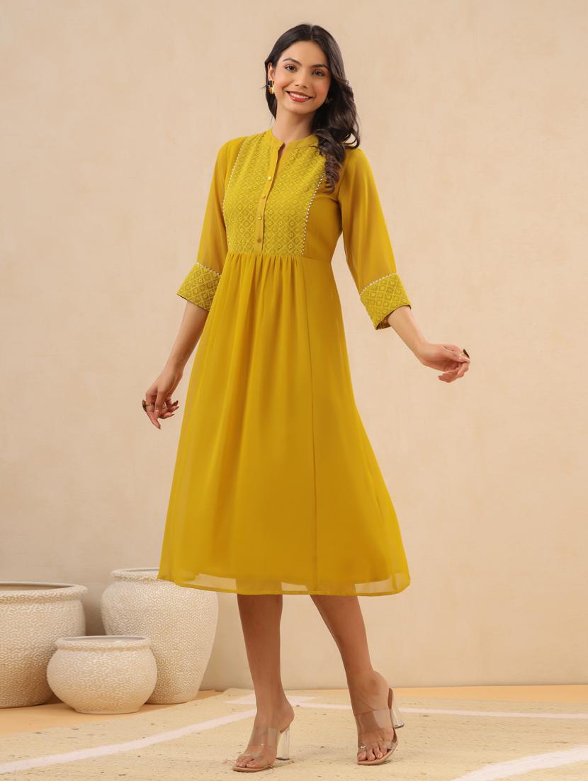 mustard georgette a-line ethnic dress - 18334237 -  Standard Image - 1