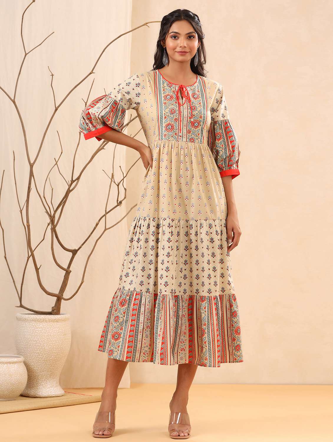 beige cotton tiered ethnic dress