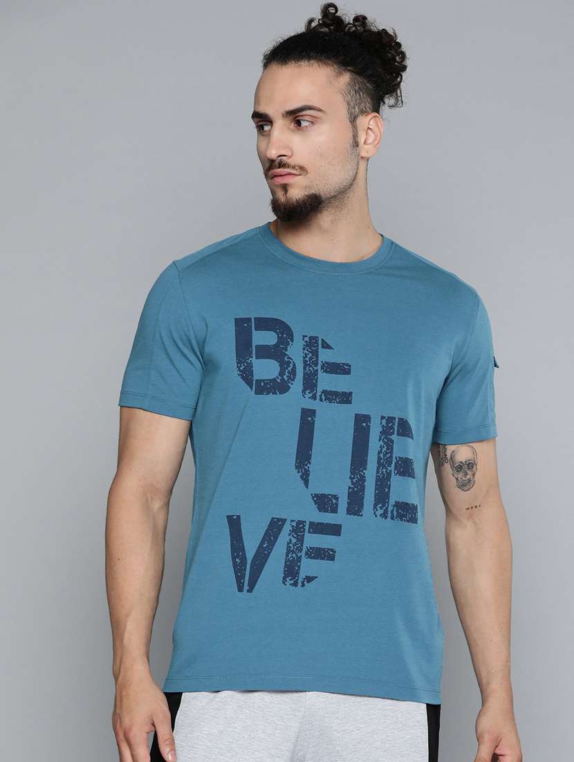 men blue front print t-shirt