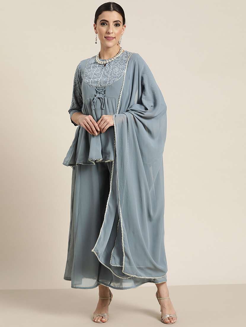 grey georgette kurta palazzo  set - 18334963 -  Zoom Image - 0