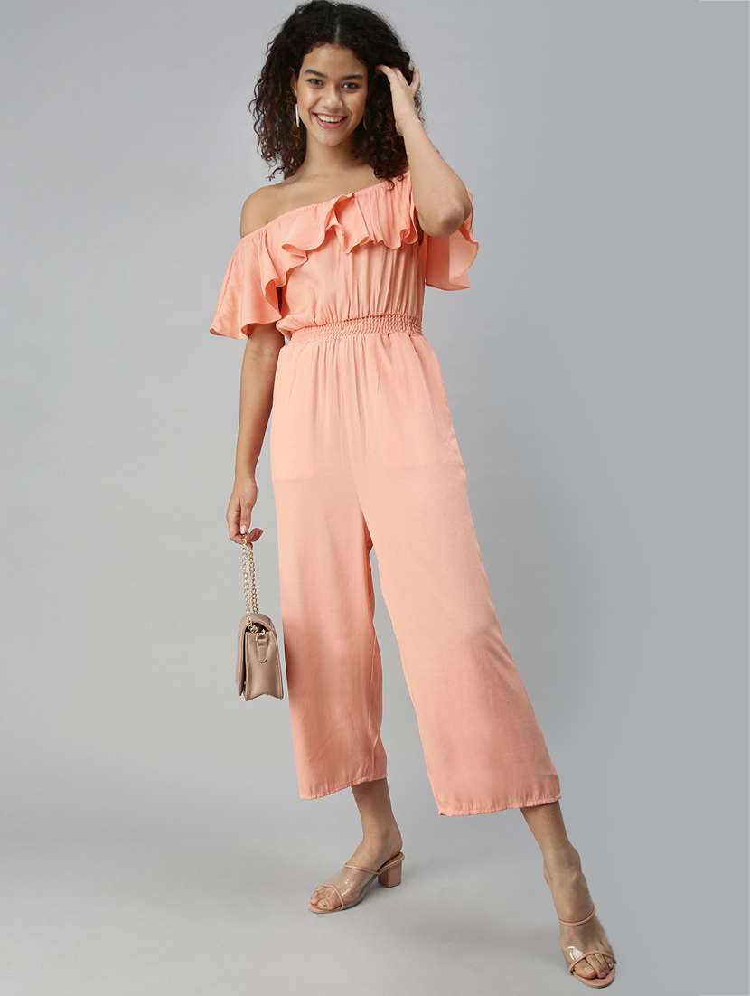 off shoulder solid full leg jumpsuit