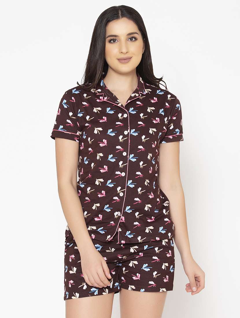 shirt collar printed nightwear shorts set