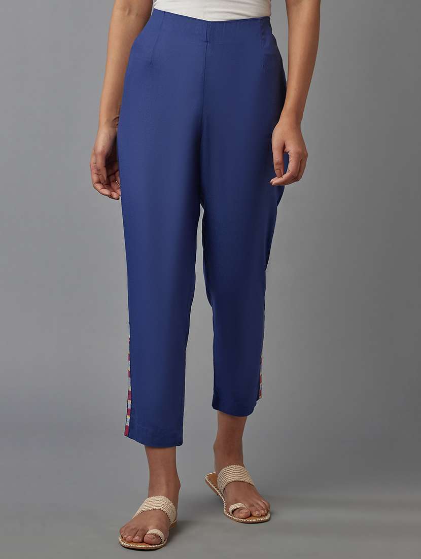 blue solid straight pant