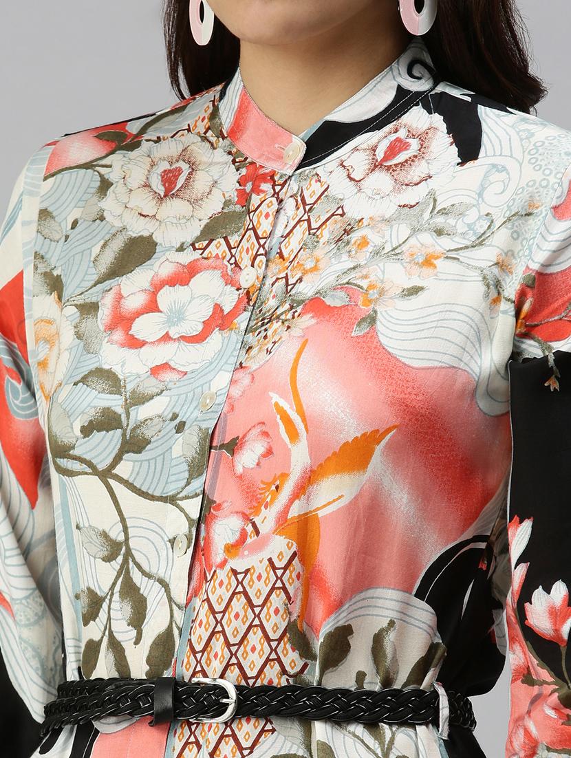 mandarin neck floral shirt dress - 18337326 - Standard Image - 4