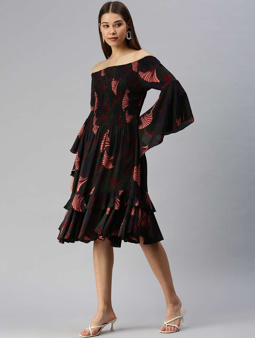 Off Shoulder Printed Fit & Flare Dress