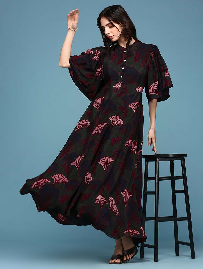 mandarin neck printed flared dress - 18337329 -  Standard Image - 1