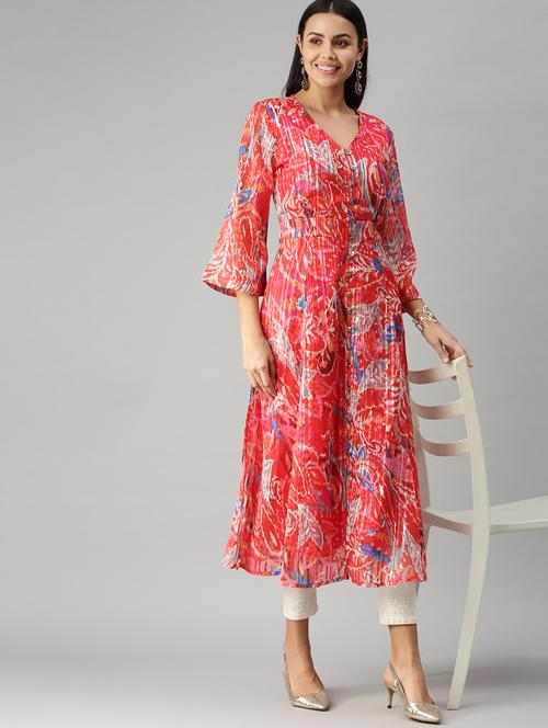 red printed a-line kurta - 18338219 -  Standard Image - 0