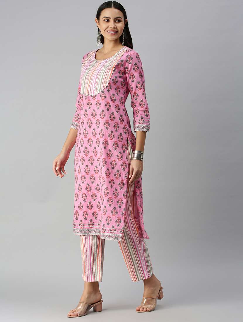 women pink printed round neck kurta pant set - 18338291 -  Standard Image - 1
