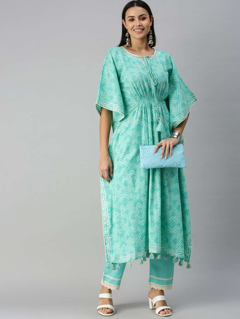 women sea green geometric print kaftan set