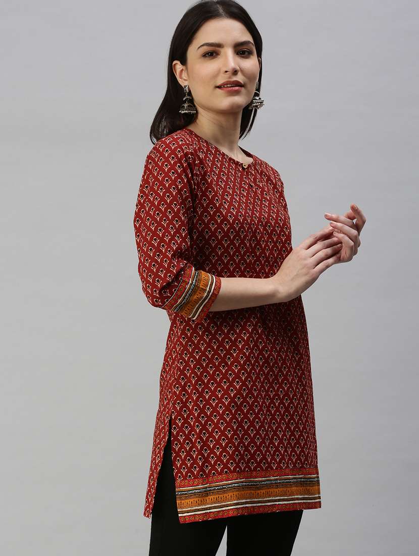 Brown Printed Straight Kurti - 18338321 -  Standard Image - 1