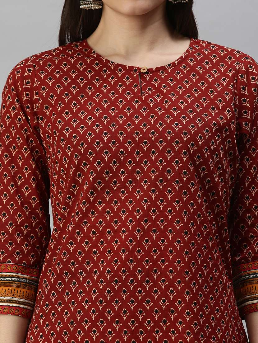 Brown Printed Straight Kurti - 18338321 -  Standard Image - 4