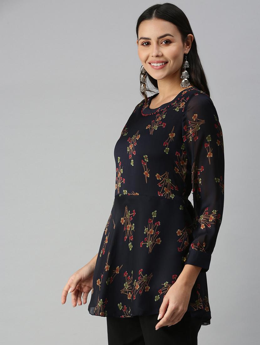 navy printed a-line kurti - 18338326 -  Standard Image - 1