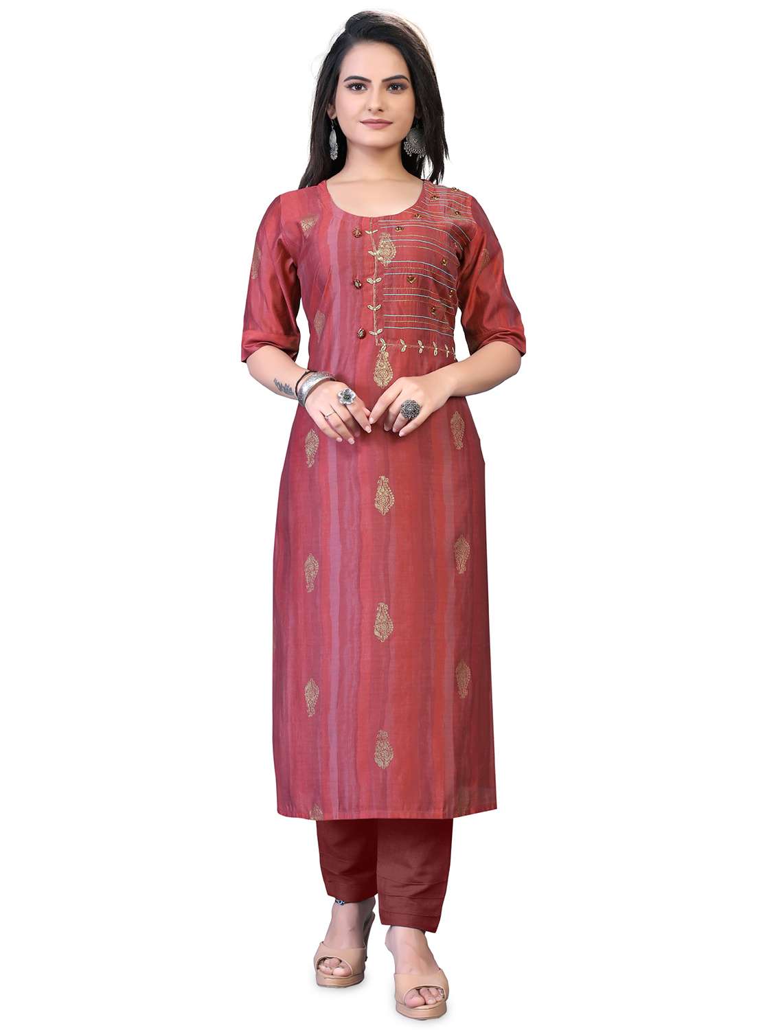peach printed straight kurta