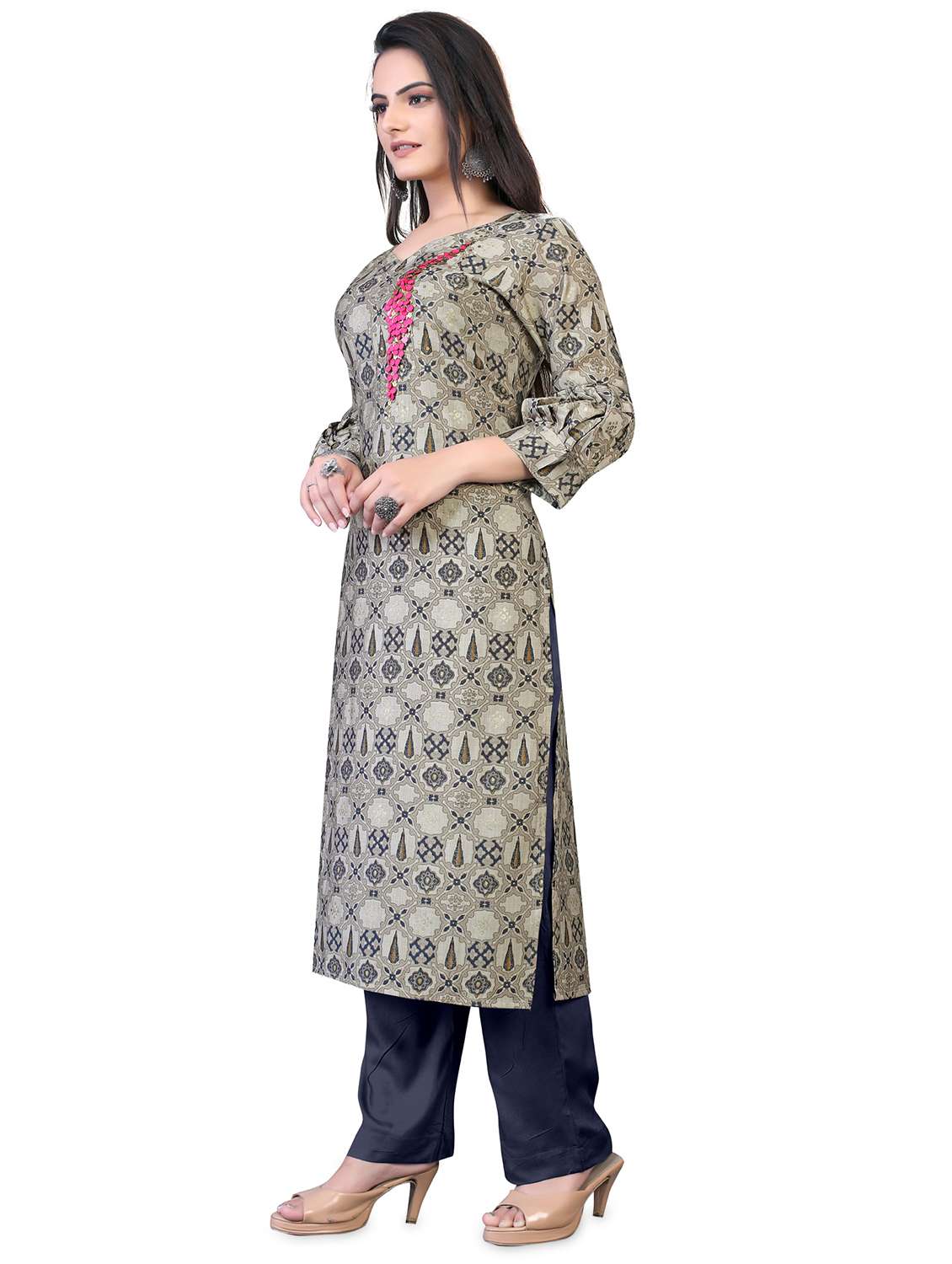 grey floral straight kurta - 18338466 -  Standard Image - 1