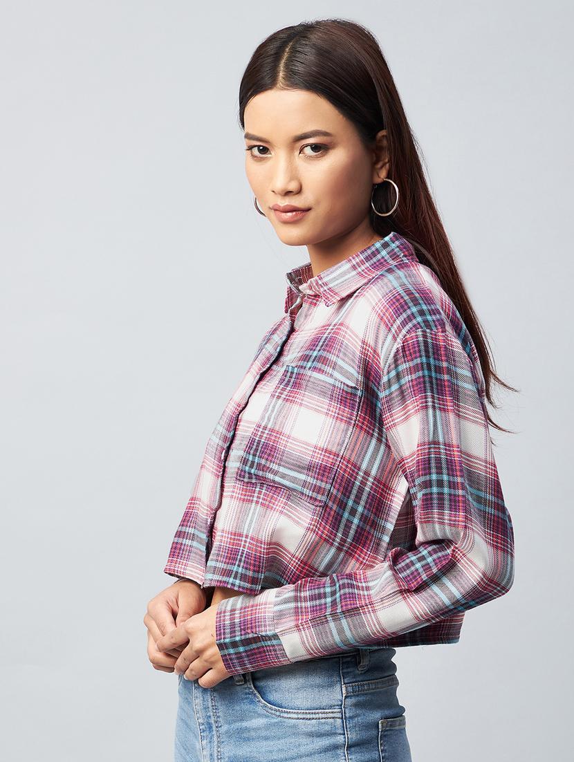 long sleeved checkered crop shirt - 18342583 - Zoom Image - 0