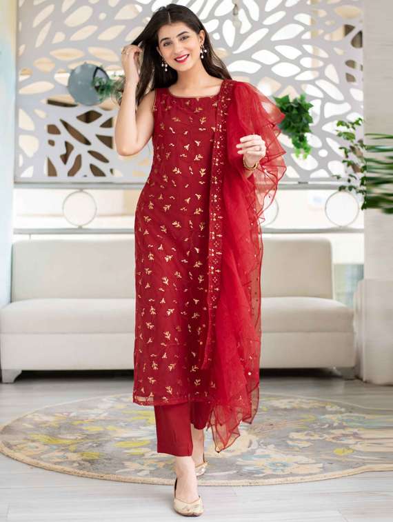 foil print semi-stitched straight pant suit set
