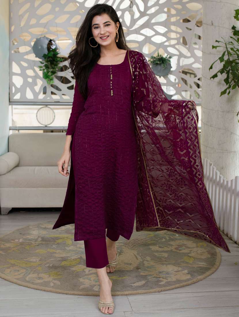 solid zari work straight pant semi-stitched suit set