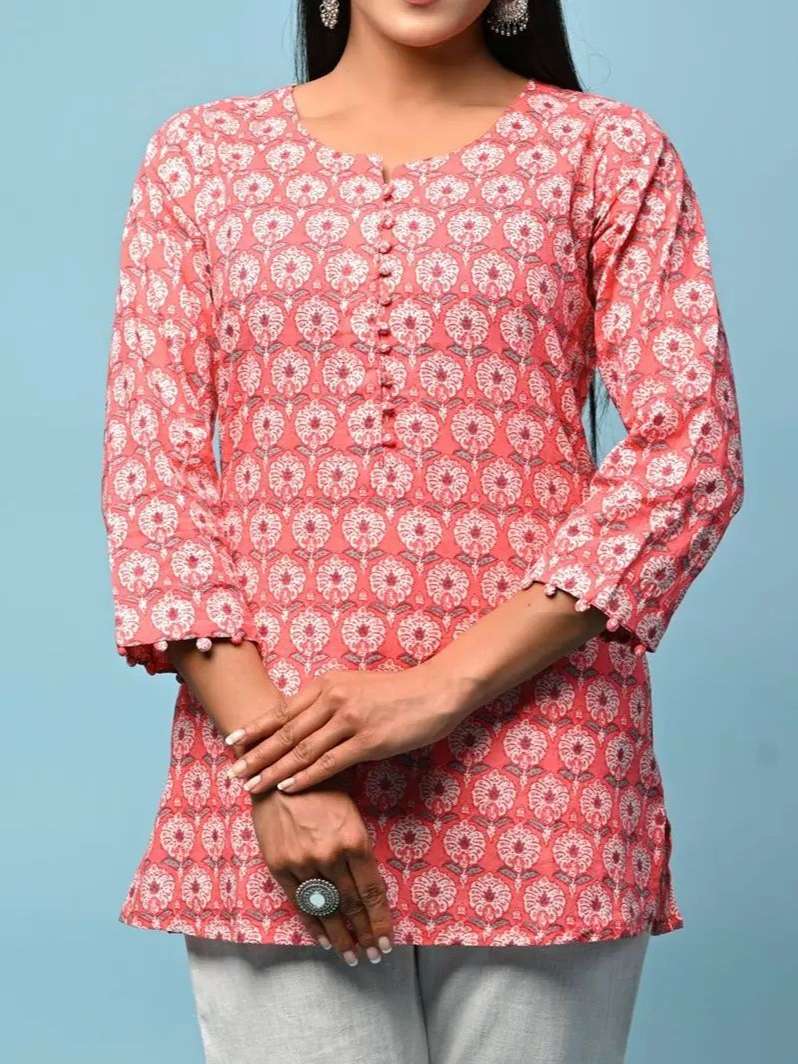 ladies cotton printed short kurti pink - 18343466 - Standard Image - 1