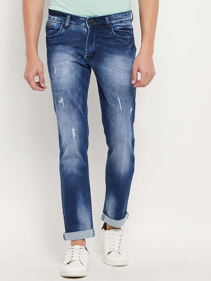 blue light-washed denim jean
