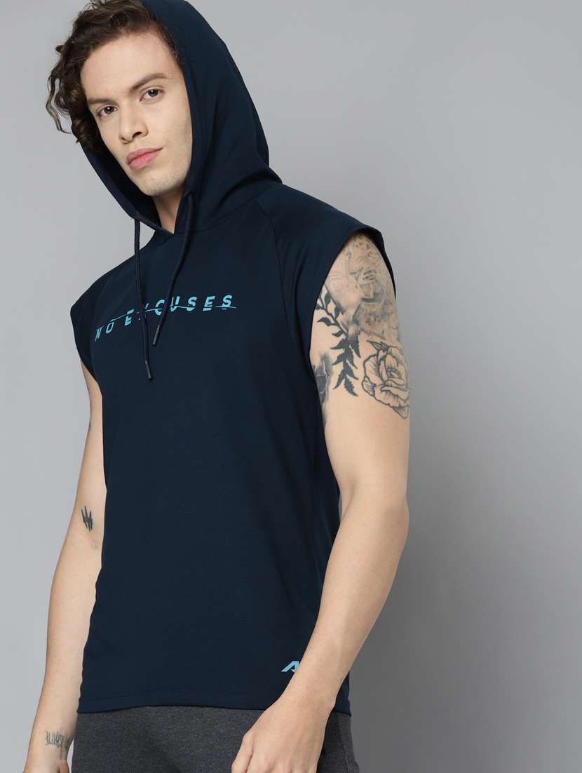 navy-blue chest-printed hooded t-shirt - 18346293 -  Standard Image - 1