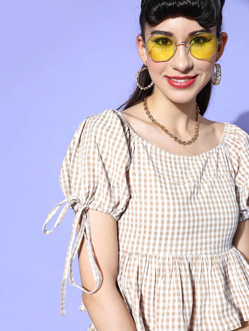 puff sleeved checkered top - 18346328 -  Standard Image - 1