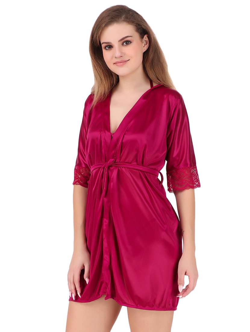 magenta tie front solid sleepwear robe set - 18346418 -  Standard Image - 1