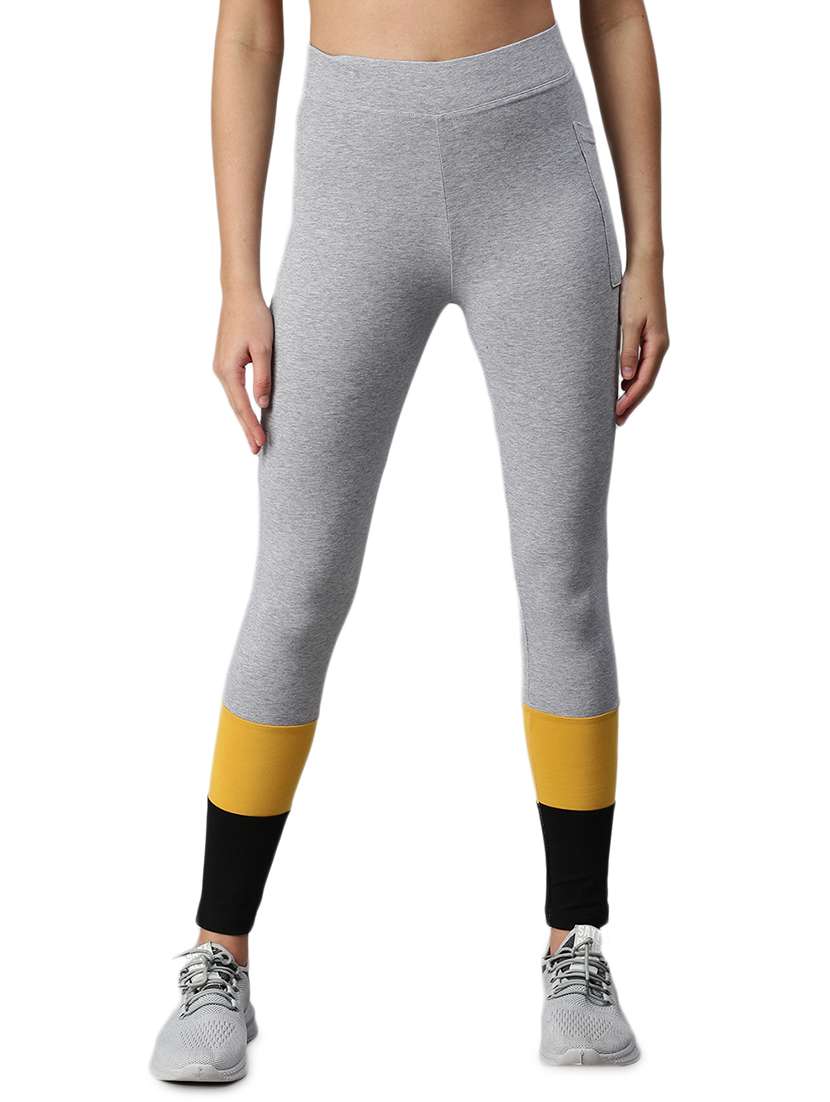 grey color block ankle length active wear tights