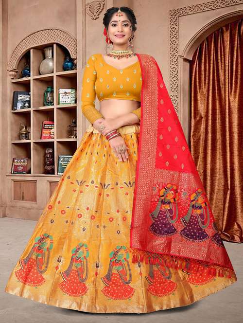 mustard silk flared lehenga - 18346592 - Standard Image - 0