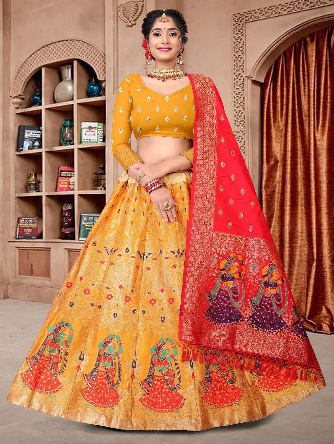 mustard silk flared lehenga - 18346592 - Zoom Image - 0