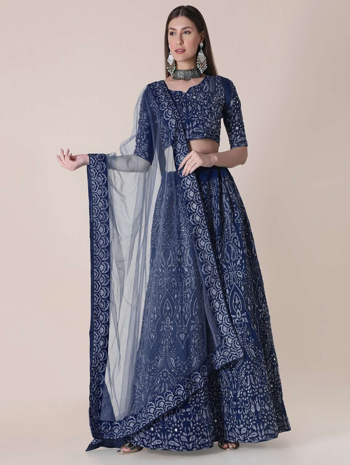 navy blue art silk flared lehenga