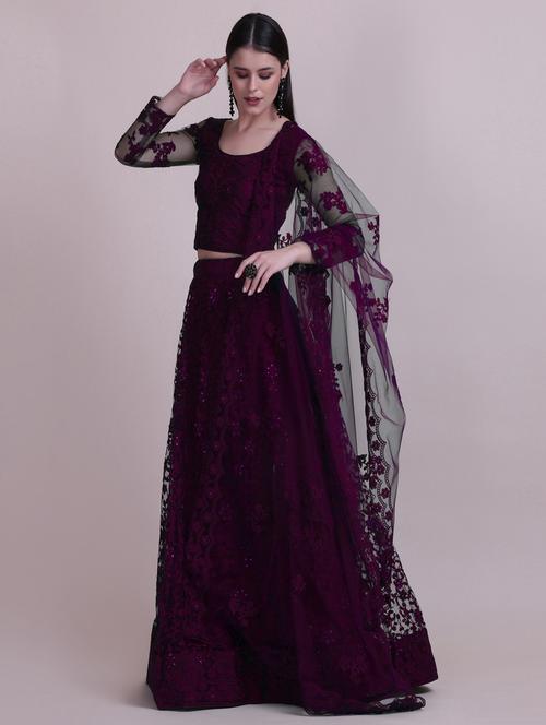 burgundy net flared lehenga - 18346606 - Standard Image - 0