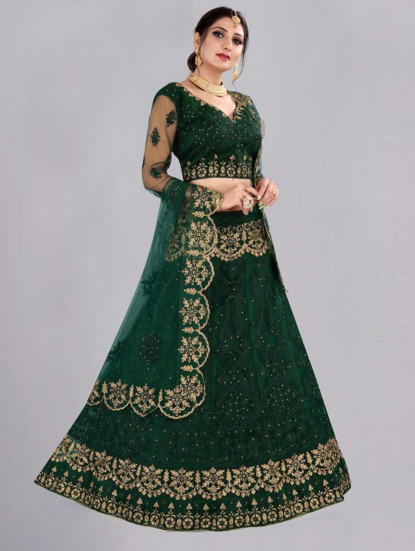 bottle green net flared lehenga - 18346624 -  Standard Image - 1