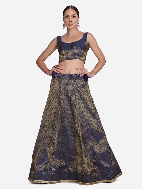 navy blue silk flared lehenga - 18346628 - Standard Image - 0