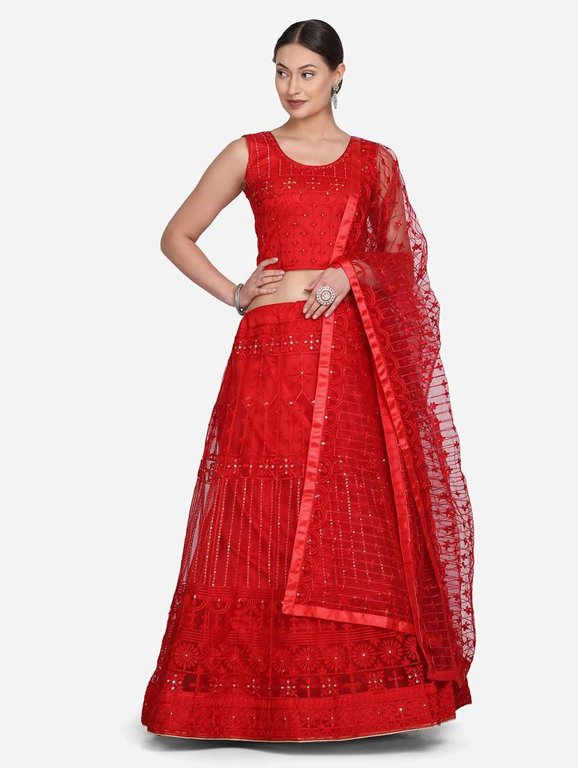 red art silk flared lehenga