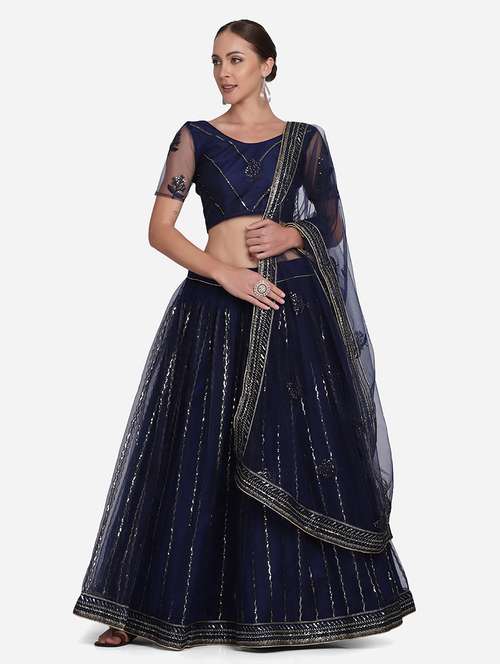 navy blue art silk flared lehenga