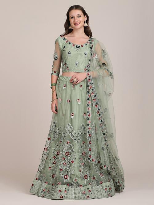 green embroidered flared lehenga - 18346654 - Standard Image - 0