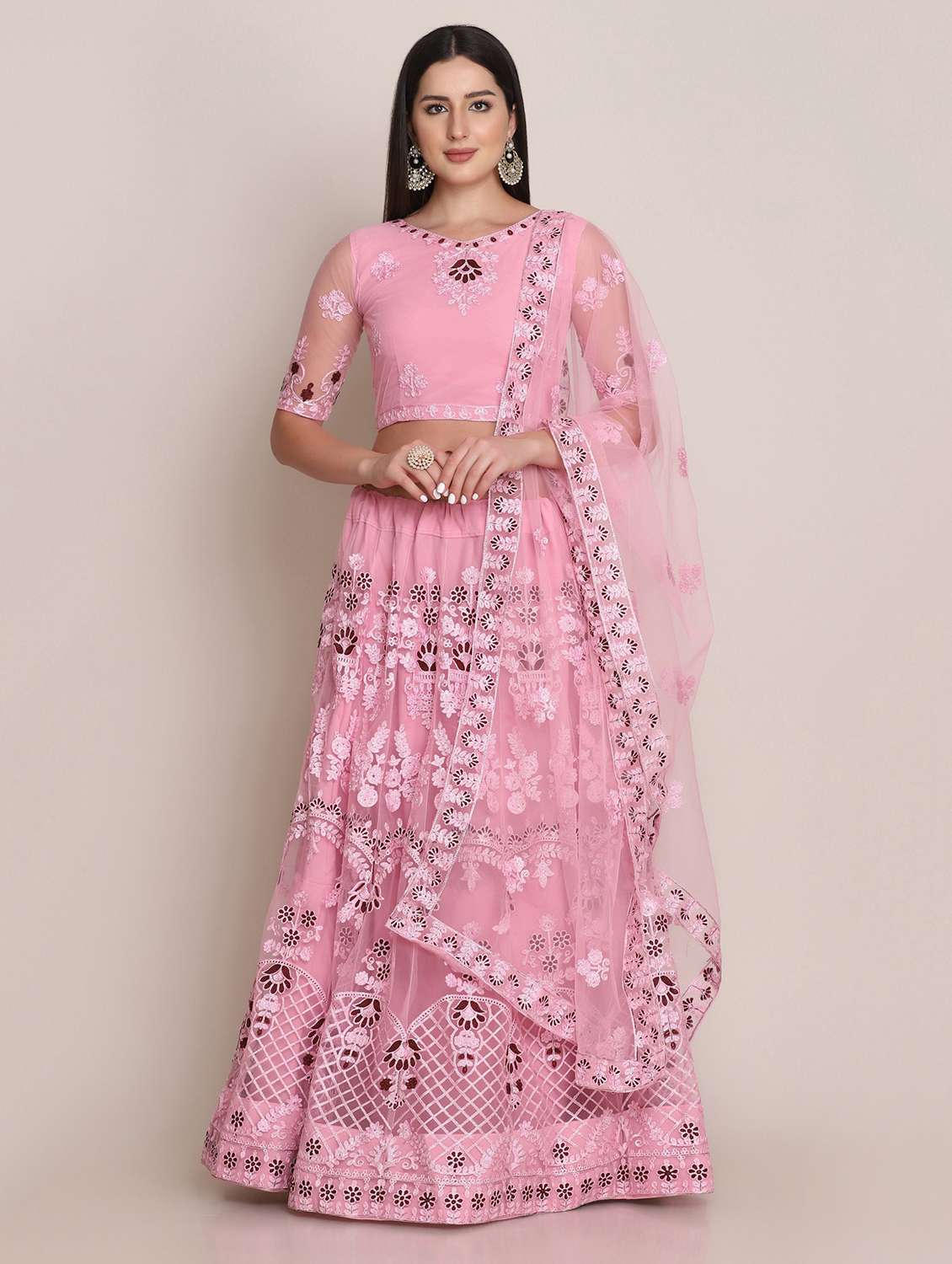 pink silk flared lehenga