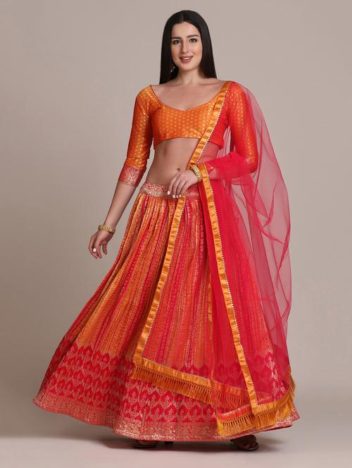 orange silk flared lehenga - 18346660 - Standard Image - 0