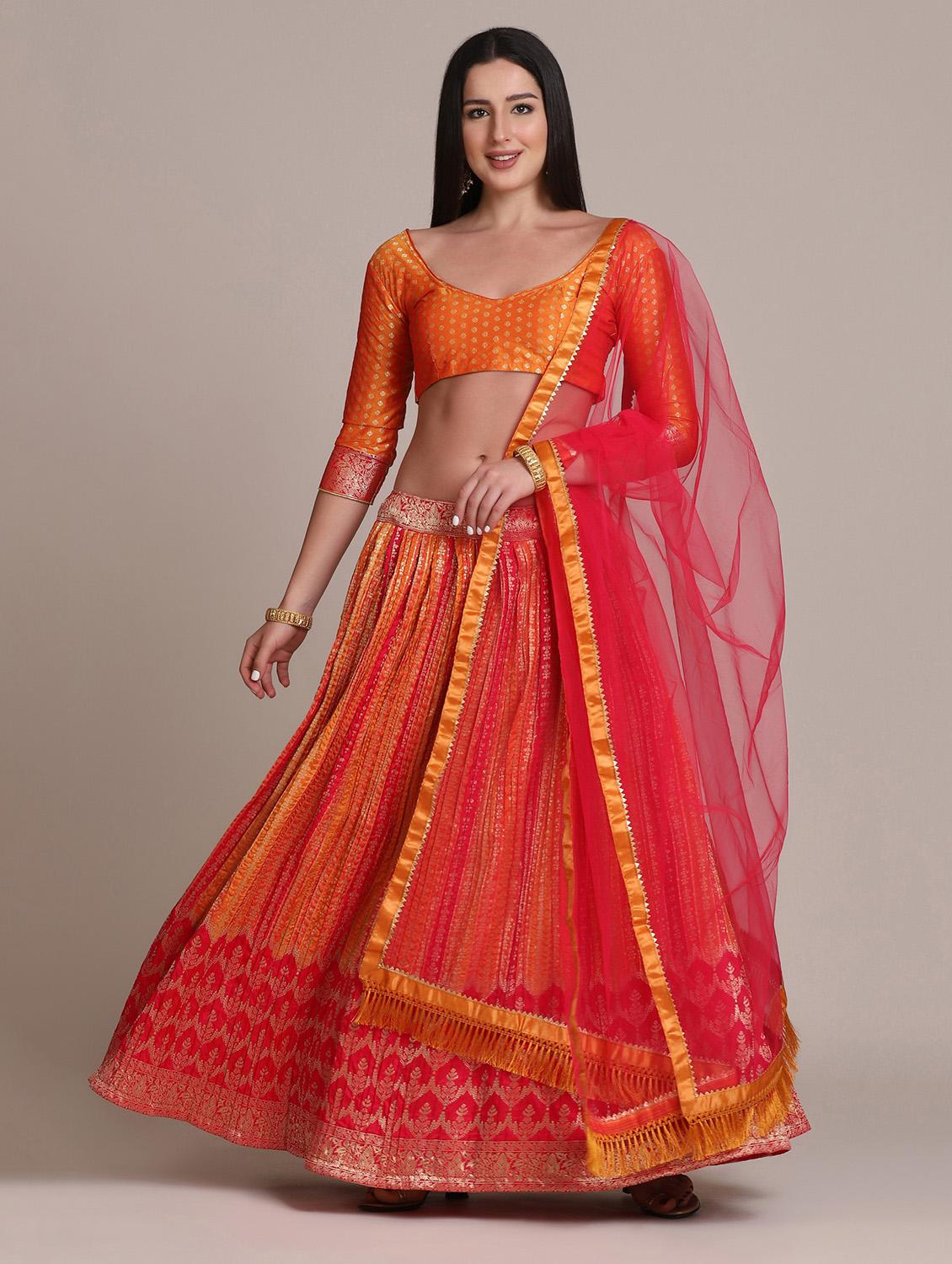 orange silk flared lehenga - 18346660 - Zoom Image - 0