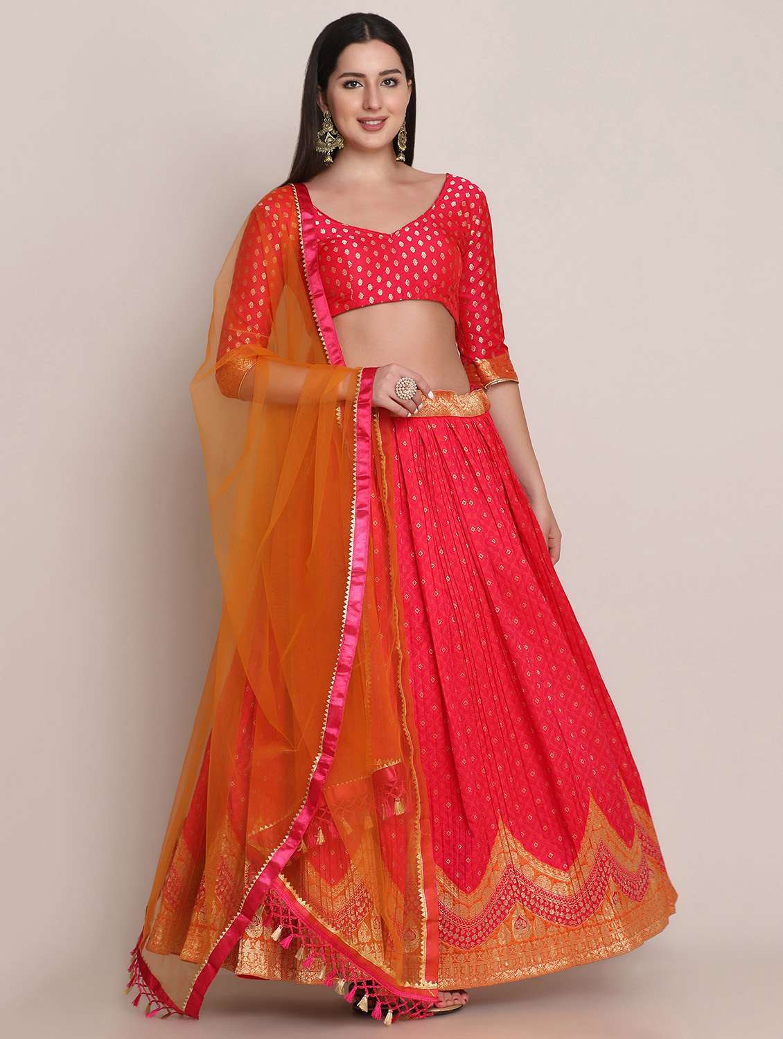 pink silk flared lehenga