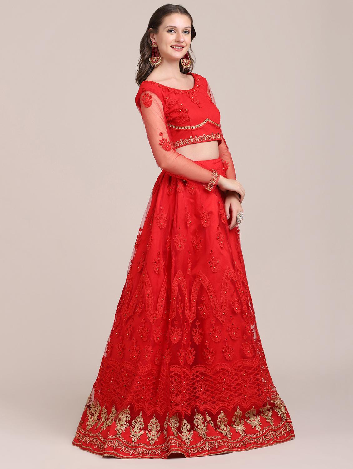 red embroidered flared lehenga - 18346669 - Standard Image - 1