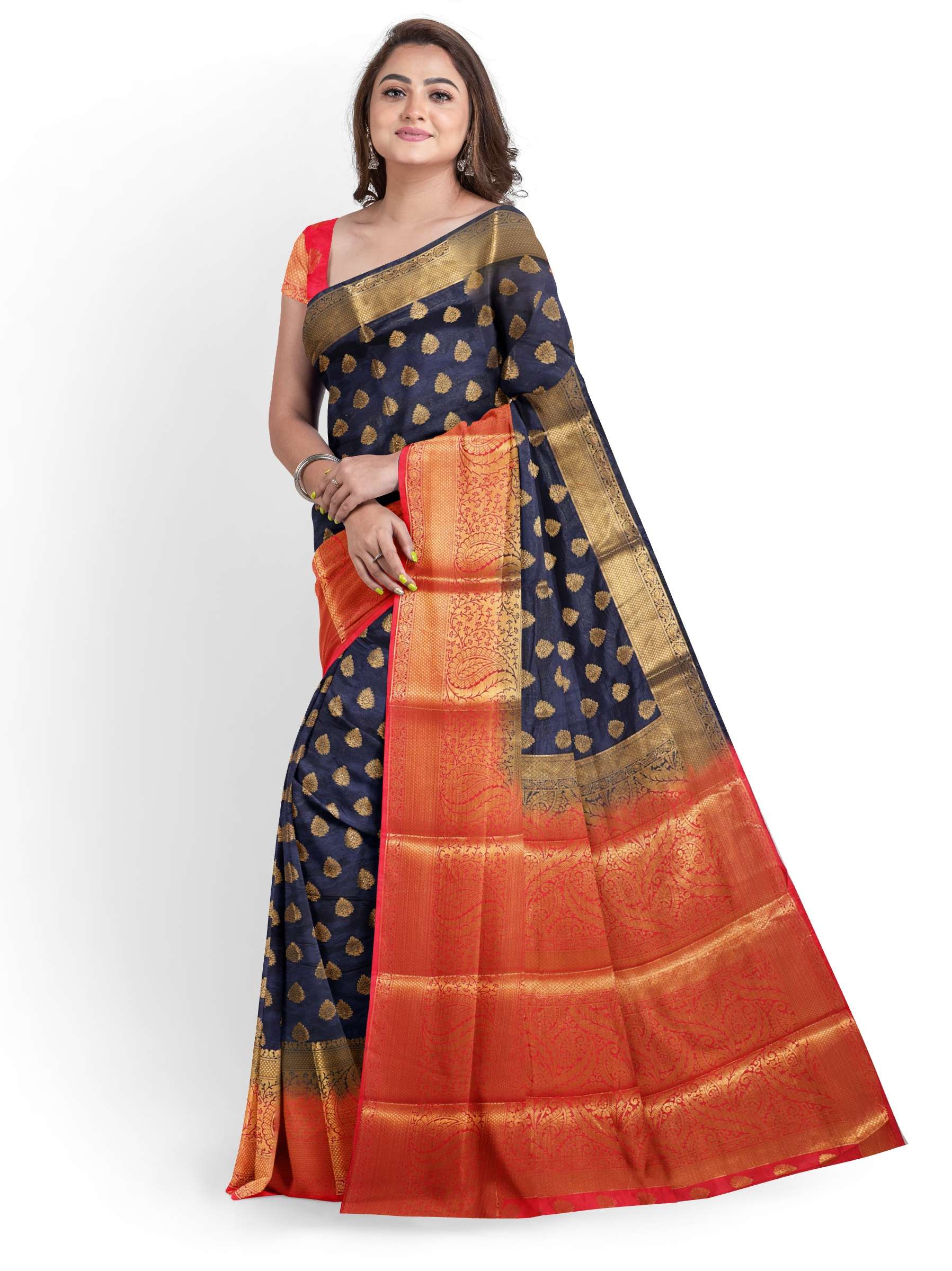 women's self design navy blue colored saree