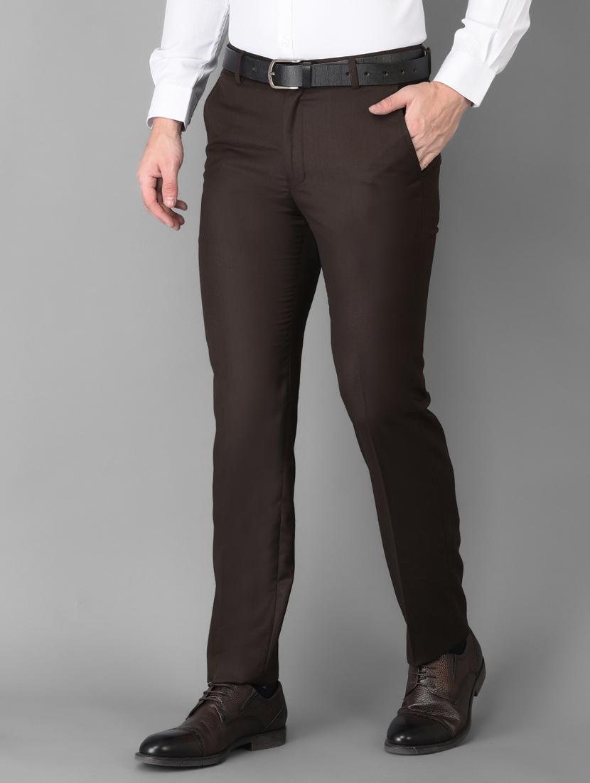 brown solid flat front trousers formal trouser - 18347254 -  Standard Image - 1