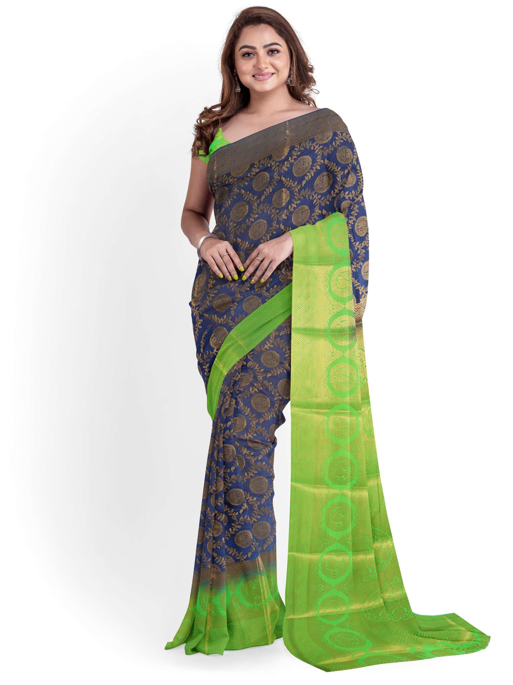 women's self design navy blue colored saree