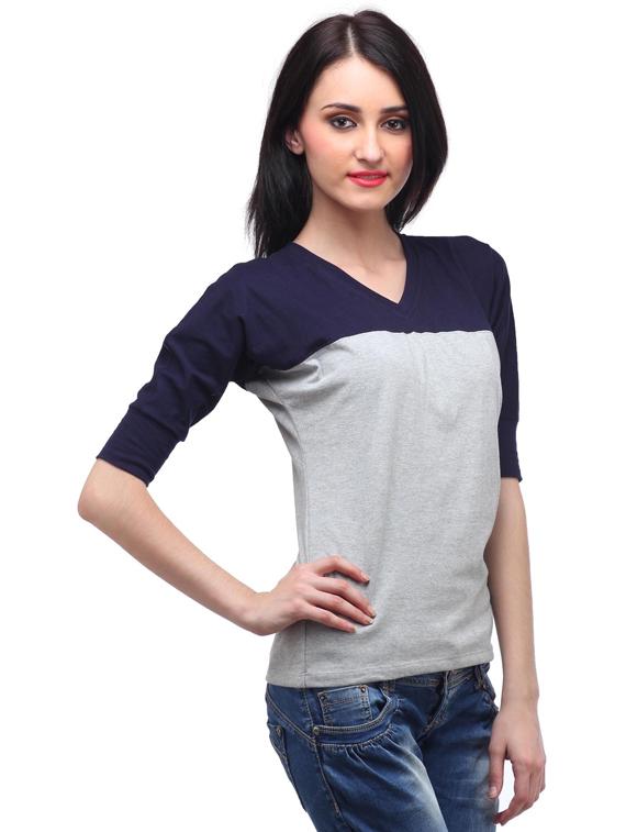 three quarter sleeved color-blocked regular top - 18347397 -  Standard Image - 1