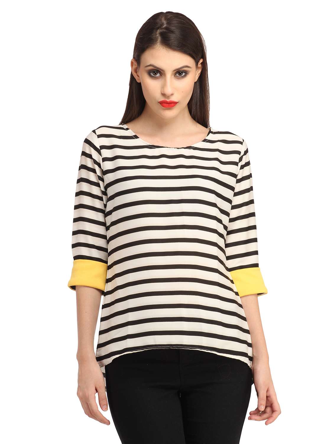three-fourth sleeved striped regular top - 18347477 -  Zoom Image - 0